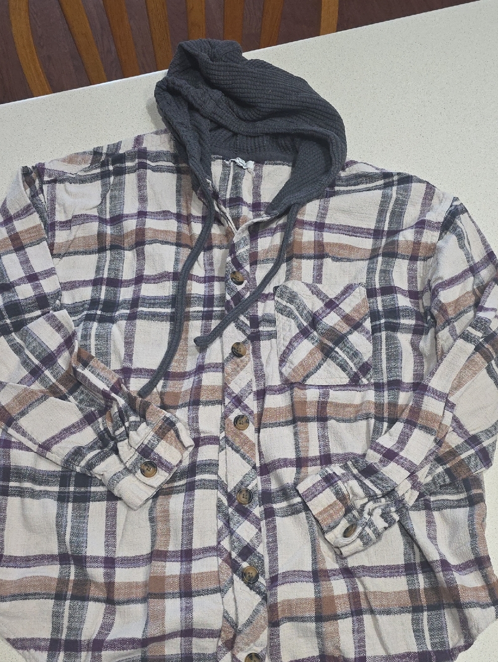 Mairices Plaid Hooded Button-Up Shirt Jacket - Cream, Purple, Brown Womens Xl